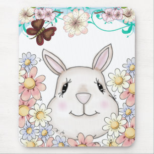 Cute Bunny Rabbit Flowers & Butterflies Mouse Pad