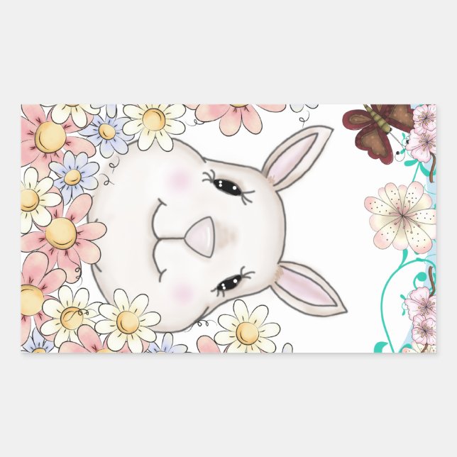 Cute Bunny Rabbit Flowers & Butterflies Sticker (Front)