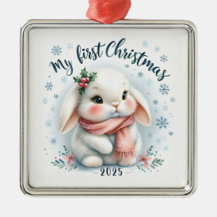 CUTE BUNNY RABBIT FOR MY FIRST CHRISTMAS METAL ORNAMENT