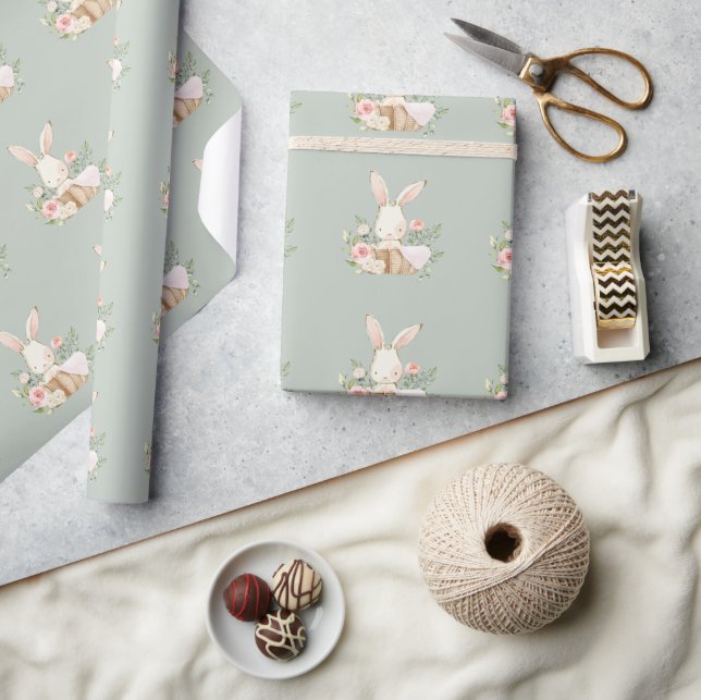 Cute Bunny Rabbit Green Baby Shower Wrapping Paper (Crafts)