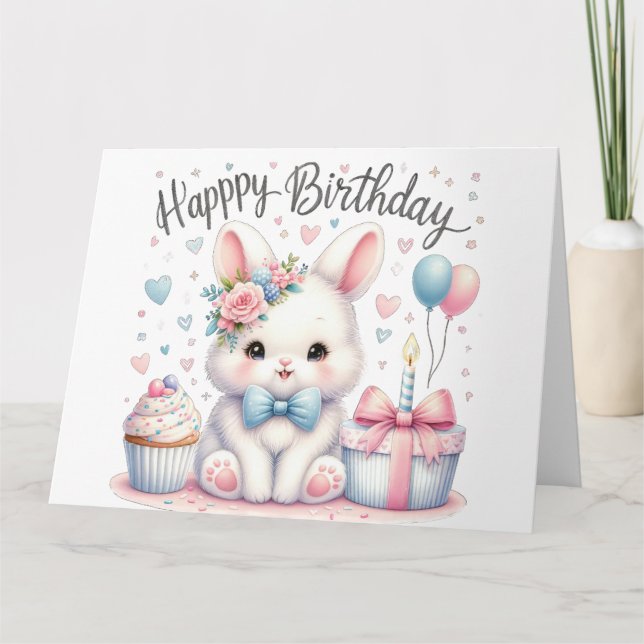 Cute Bunny Rabbit Happy Birthday Card (Front)