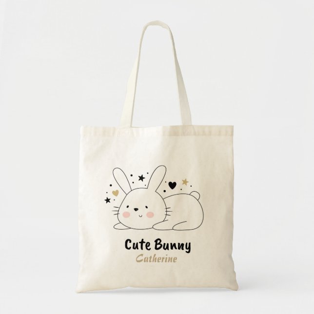 Cute Bunny Rabbit Hearts Personalized Name Tote Bag (Front)
