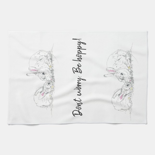 Cute Bunny Rabbit Ink Sketch|Don't Worry Be Hoppy Kitchen Towel (Horizontal)
