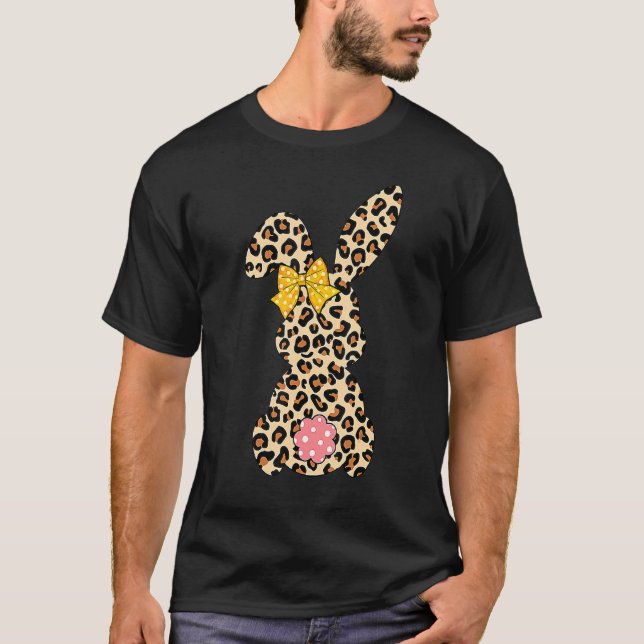 Cute Bunny Rabbit Leopard Bow Tie Happy Easter Day T-Shirt (Front)