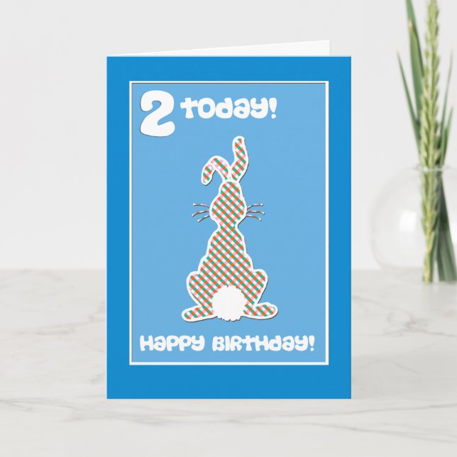 Cute Bunny Rabbit  on Blue 2nd Birthday Greeting Card (Front)
