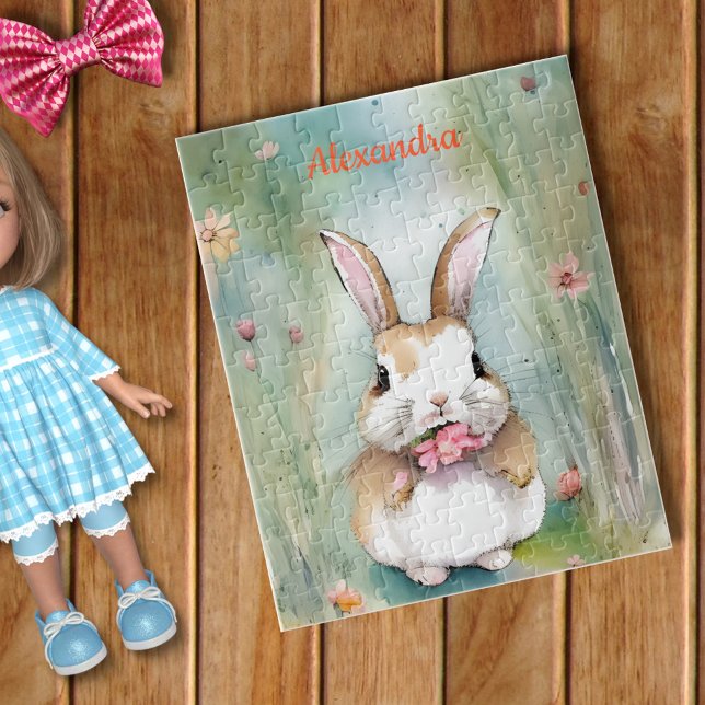 Cute Bunny Rabbit Pastel Watercolor Spring Flowers Jigsaw Puzzle (Creator Uploaded)