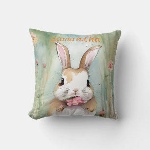Cute Bunny Rabbit Pastel Watercolor Spring Flowers Throw Pillow
