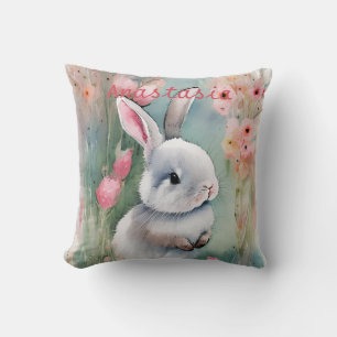Cute Bunny Rabbit Pastel Watercolor Spring Flowers Throw Pillow