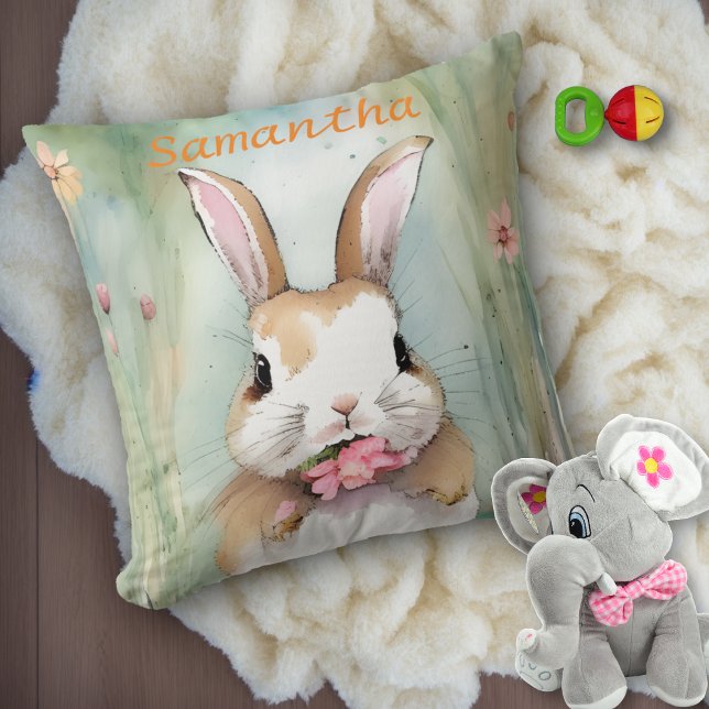Cute Bunny Rabbit Pastel Watercolor Spring Flowers Throw Pillow (Creator Uploaded)