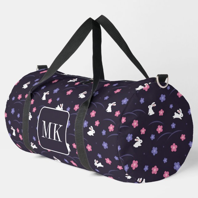 Cute Bunny Rabbit Pattern Monogram Initials Purple Duffle Bag (Left Corner)