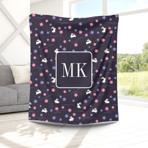 Cute Bunny Rabbit Pattern Monogram Initials Purple Fleece Blanket