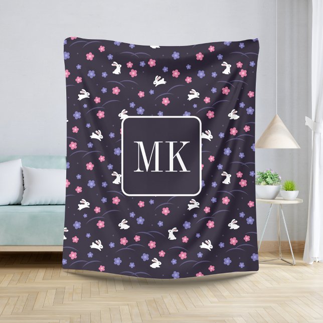 Cute Bunny Rabbit Pattern Monogram Initials Purple Sherpa Blanket (Creator Uploaded)