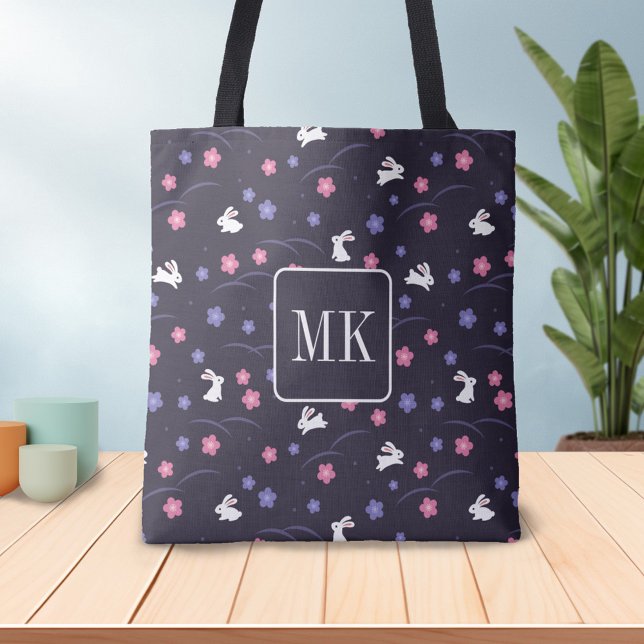 Cute Bunny Rabbit Pattern Monogram Initials Purple Tote Bag (Creator Uploaded)