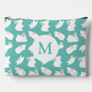 Cute Bunny Rabbit Pattern on Teal Monogram Accessory Pouch