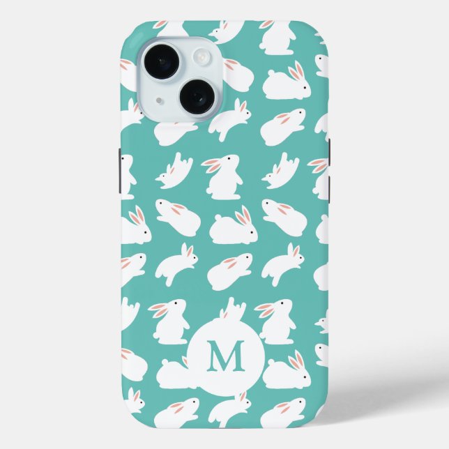 Cute Bunny Rabbit Pattern on Teal Monogram Case-Mate iPhone Case (Back)
