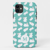 Cute Bunny Rabbit Pattern on Teal Monogram