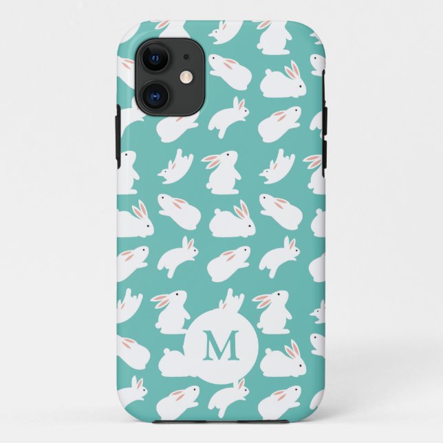 Cute Bunny Rabbit Pattern on Teal Monogram Case-Mate iPhone Case (Back)