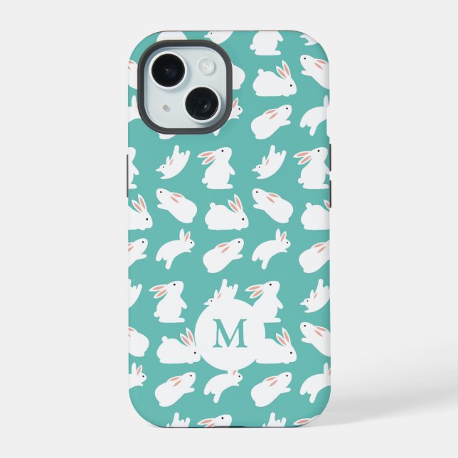 Cute Bunny Rabbit Pattern on Teal Monogram iPhone 15 Case (Back)