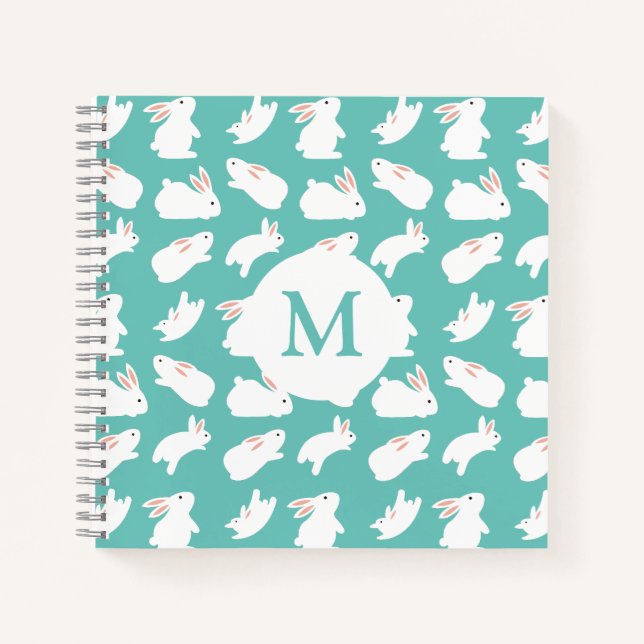 Cute Bunny Rabbit Pattern on Teal Monogram Notebook (Front)