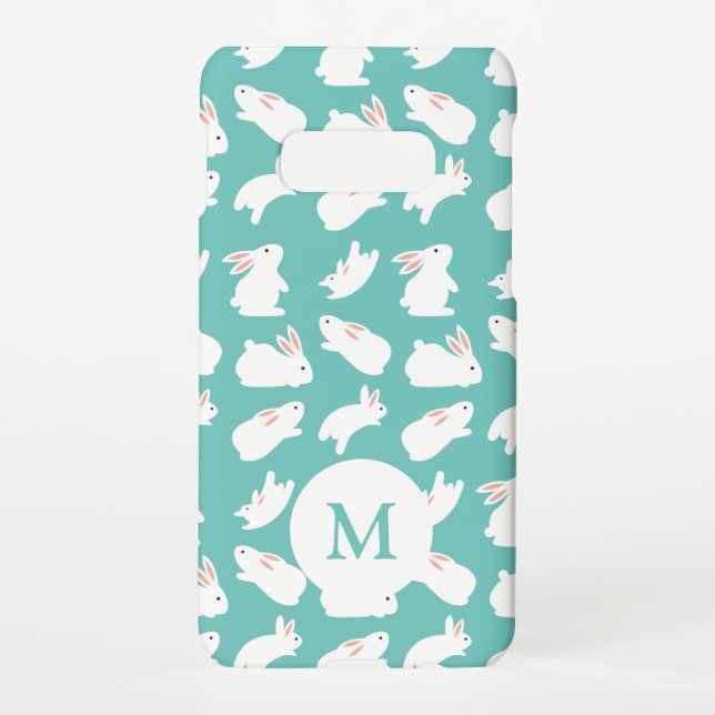 Cute Bunny Rabbit Pattern on Teal Monogram Samsung Galaxy Case (Back)