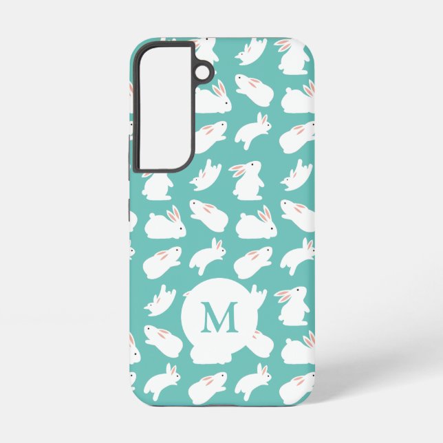 Cute Bunny Rabbit Pattern on Teal Monogram Samsung Galaxy S22 Case (Back)