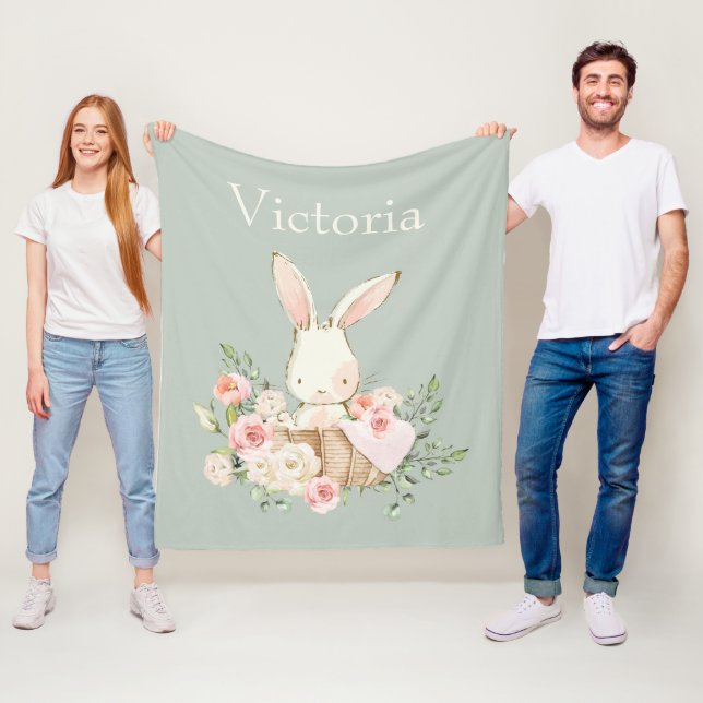 Cute Bunny Rabbit Personalized Modern Green Fleece Blanket (In Situ)