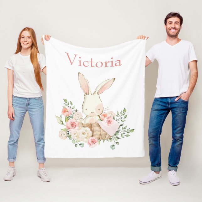 Cute Bunny Rabbit Personalized White Modern Fleece Blanket (In Situ)