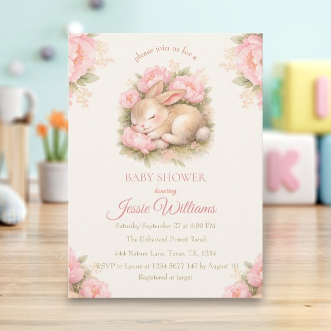 Cute Bunny Rabbit Pink Blush Baby Shower Invitation (Creator Uploaded)