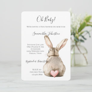 Cute Bunny Rabbit Pink Heart Tail Baby Shower  Invitation