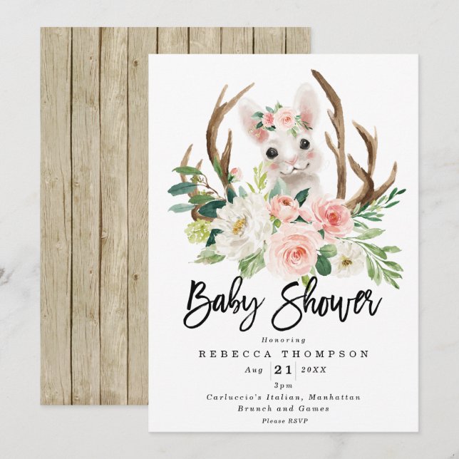 cute bunny rabbit rustic floral modern baby shower invitation (Front/Back)