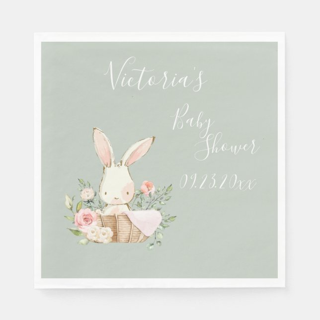 Cute Bunny Rabbit Sage Baby Shower Personalized  Napkin (Front)