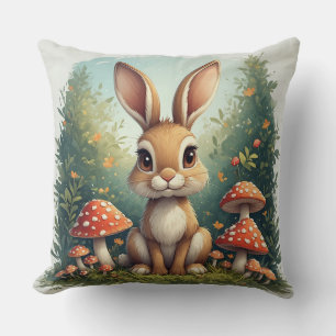 Cute Bunny Rabbit Sitting Among Red Mushrooms Throw Pillow