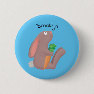 Cute bunny rabbit sitting with carrot cartoon 2 inch round button