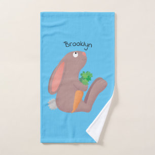 Cute bunny rabbit sitting with carrot cartoon bath towel set