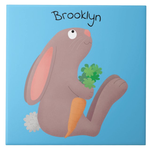 Cute bunny rabbit sitting with carrot cartoon tile (Front)