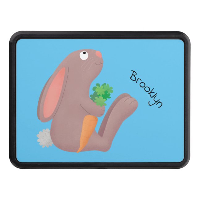 Cute bunny rabbit sitting with carrot cartoon trailer hitch cover (Front)