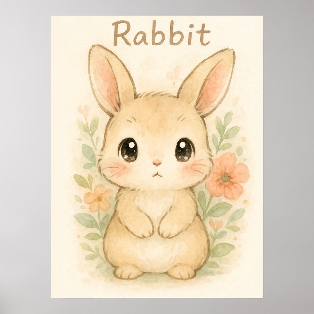 Cute Bunny Rabbit – Soft Watercolor Nursery Animal Poster (Front)