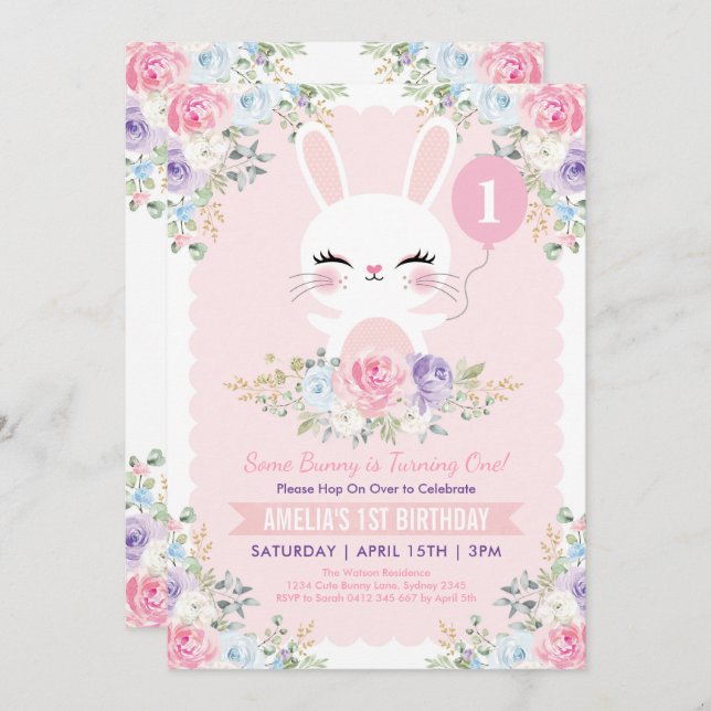 Cute Bunny Rabbit Spring Flowers 1st Birthday Invitation (Front/Back)