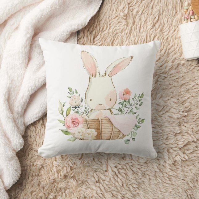 Cute Bunny Rabbit Watercolor Nursery Throw Pillow (Blanket)