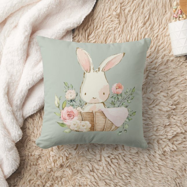 Cute Bunny Rabbit Watercolor Sage Green Nursery Throw Pillow (Blanket)