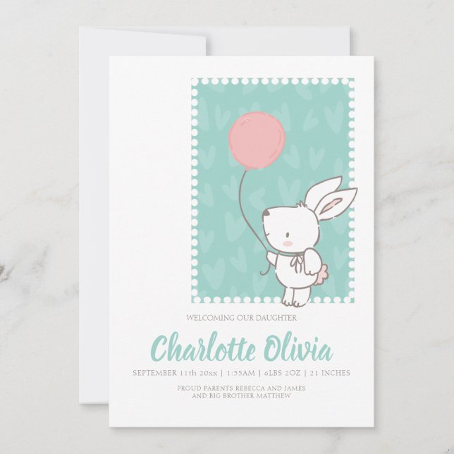 Cute Bunny Rabbit With Balloon New Baby Announcement (Front)