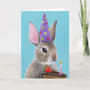 Cute bunny rabbit with cake birthday greeting card