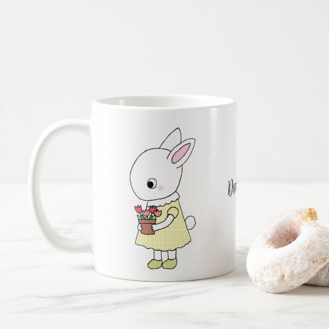 Cute Bunny Rabbit with Pink Flowers Custom Name  Coffee Mug (With Donut)