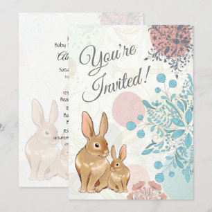 Cute Bunny Rabbits and Flowers Spring Baby Shower Invitation