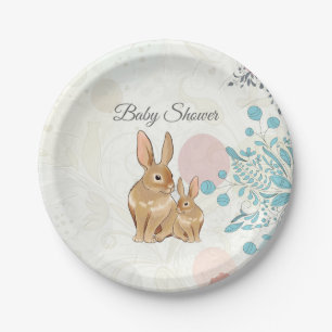 Cute Bunny Rabbits and Flowers Spring Baby Shower Paper Plate