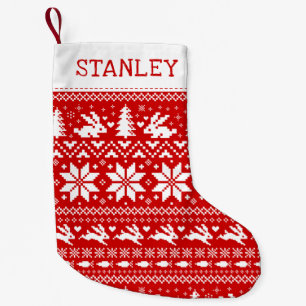 Cute Bunny Rabbits Holiday Pattern Red and White Small Christmas Stocking