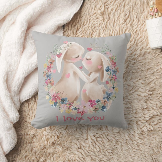 Cute Bunny Rabbits in Love Floral Wreath Throw Pillow (Blanket)
