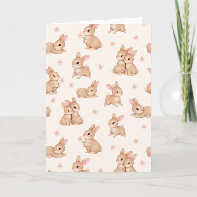 Cute Bunny Rabbits Pink Floral Pattern Easter Holiday Card (Front)