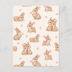 Cute Bunny Rabbits Pink Floral Pattern Easter Holiday Postcard