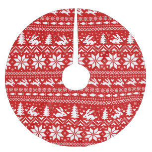 Cute Bunny Rabbits Red Christmas Holiday Pattern Brushed Polyester Tree Skirt